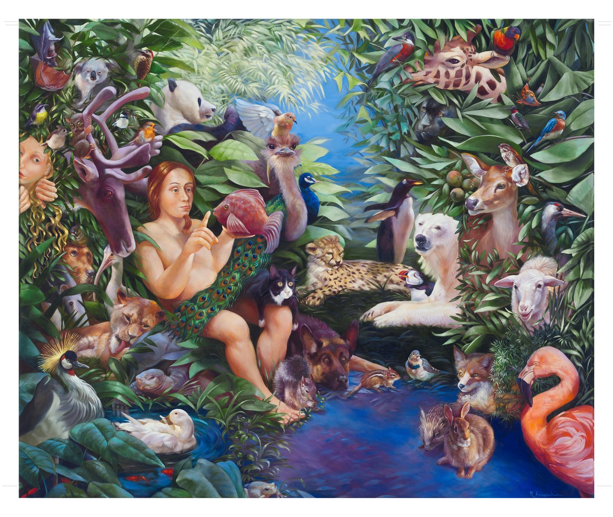 Adam pojmenovává zvířata a zjevení Evy, 2011 (olej na plátně) od Rosemarie Adcock