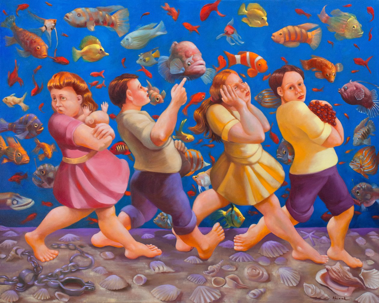 Přechod přes Rudé moře, 2008 (olej na plátně) od Rosemarie Adcock