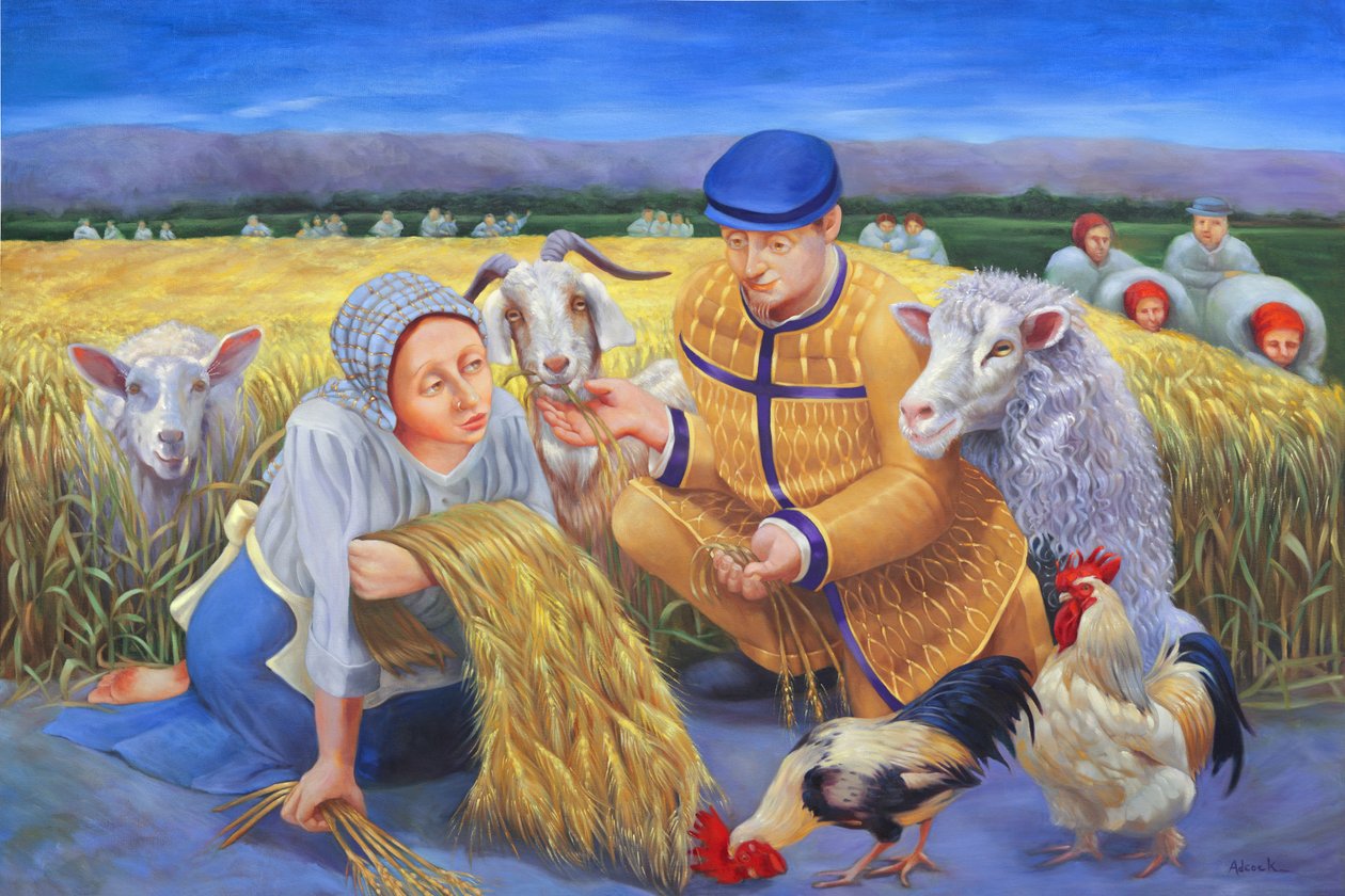 Ruth a sklizeň ječmene, 2014 (olej na plátně) od Rosemarie Adcock