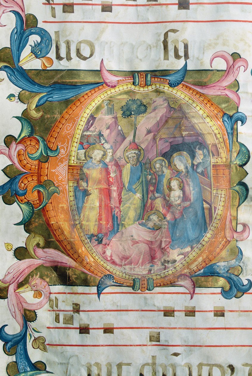 Corale / Graduale no.5 Historická iniciála "O" zobrazující Klanění tří králů od Rossello Franchi