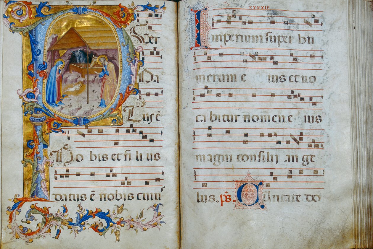 Kniha sboru „D“ vystavená v katedrále Santo Stefano: historická iniciála zobrazující Narození Páně, kolem roku 1429-35 od Rossello di Jacopo Franchi