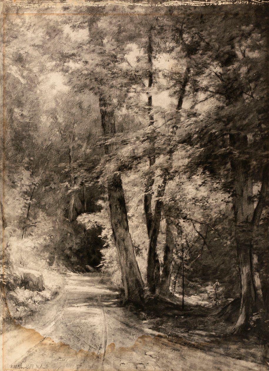Fotogravura obrazu lesní scény od Roswell Morse Shurtleff
