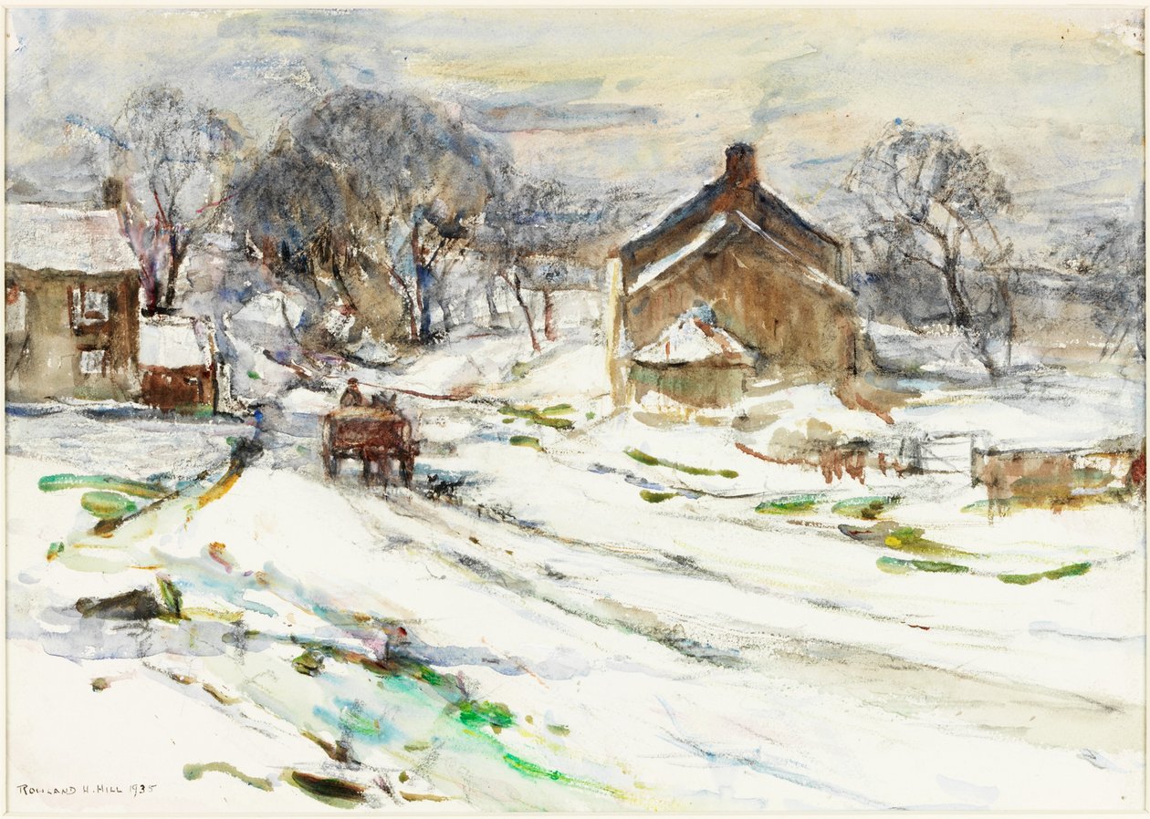 Ellerby - Winter (tužka a akvarel na papíře nalepené na kartě) od Rowland Henry Hill