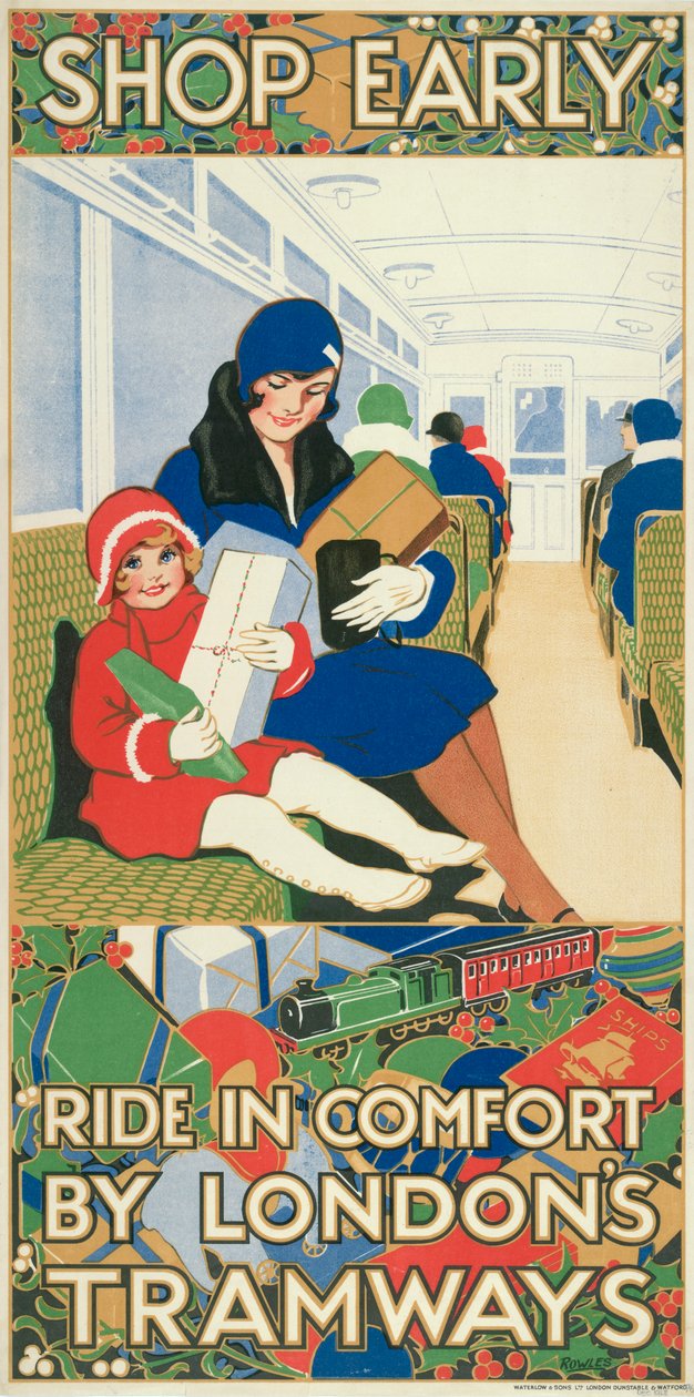 „Nakupujte včas, jeďte pohodlně londýnskými tramvajemi“, plakát London County Council Tramways, 1928 od Rowles