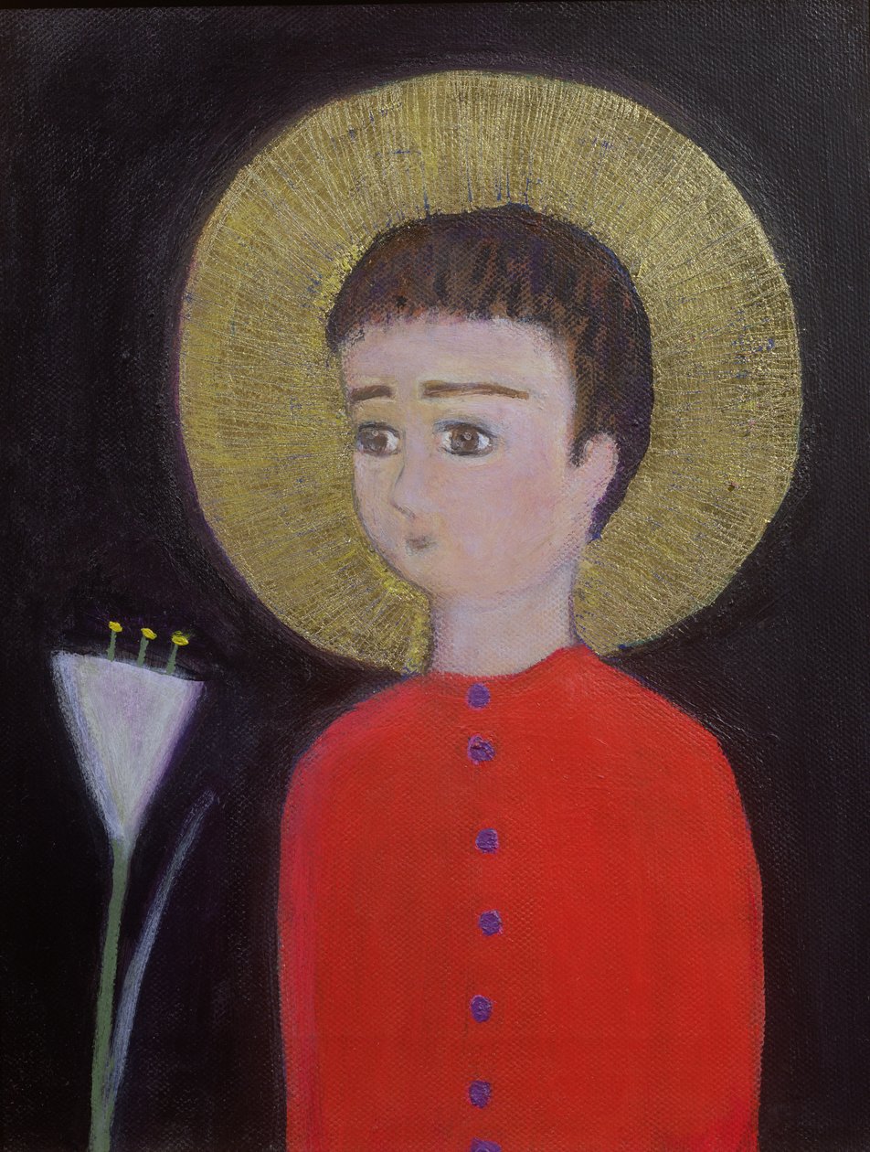 Chlapec s lilií, 2002 (akrylové a zlaté listy na plátně) od Roya Salari