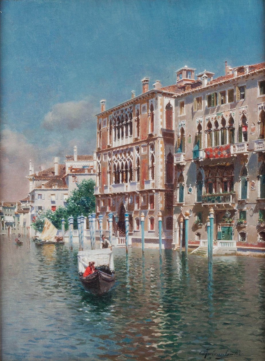 Gondola před Palazzo Cavalli-Franchetti a Palazzi Barboro, Benátky (olej na plátně) od Rubens Santoro