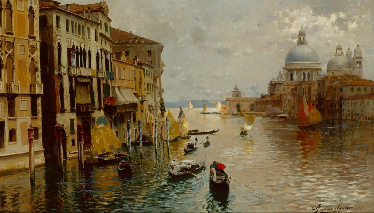 Gondoly na Canal Grande, Dogana a Santa Maria della Salute za nimi, Benátky (olej na plátně) od Rubens Santoro
