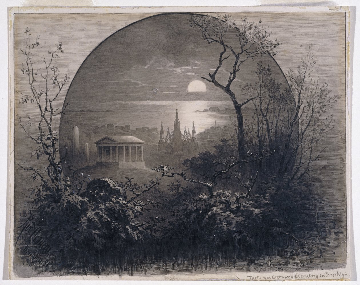 Pohled z Greenwood Cemetery, Brooklyn, 1881 (grisaille inkoust a mytí na papíře) od Rudolf Cronau