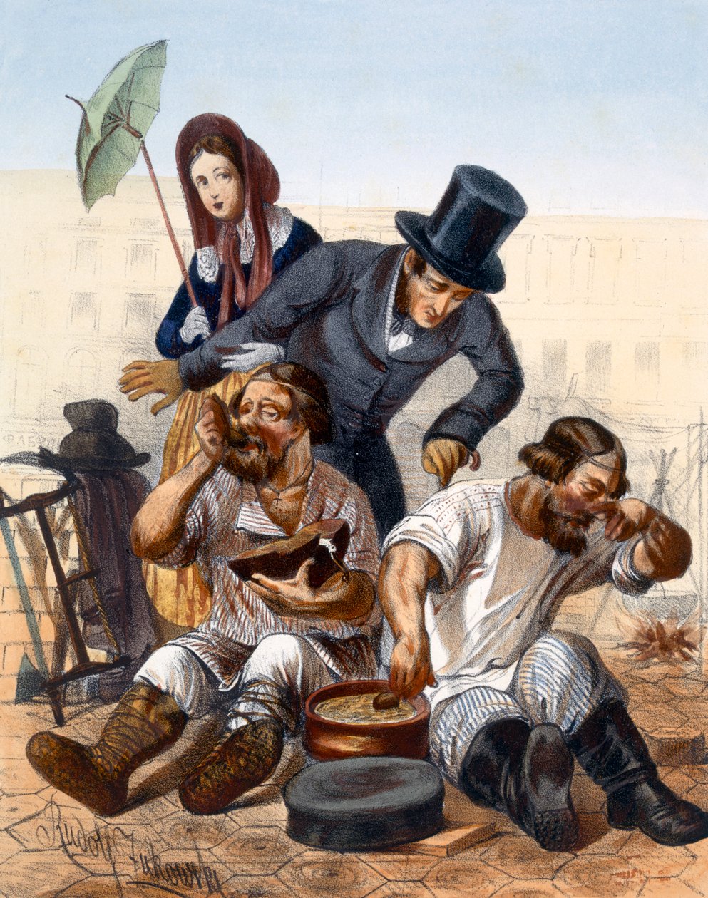 Bohatý pár mluví s dvojicí opilých tesařů, kteří vaří a jedí na ulici, 1843 od Rudolf Jukowsky