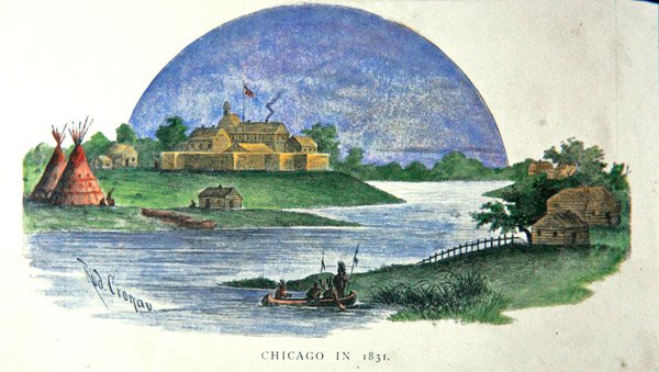 Chicago v roce 1831 (barevné lito) od Rudolf (after) Cronau