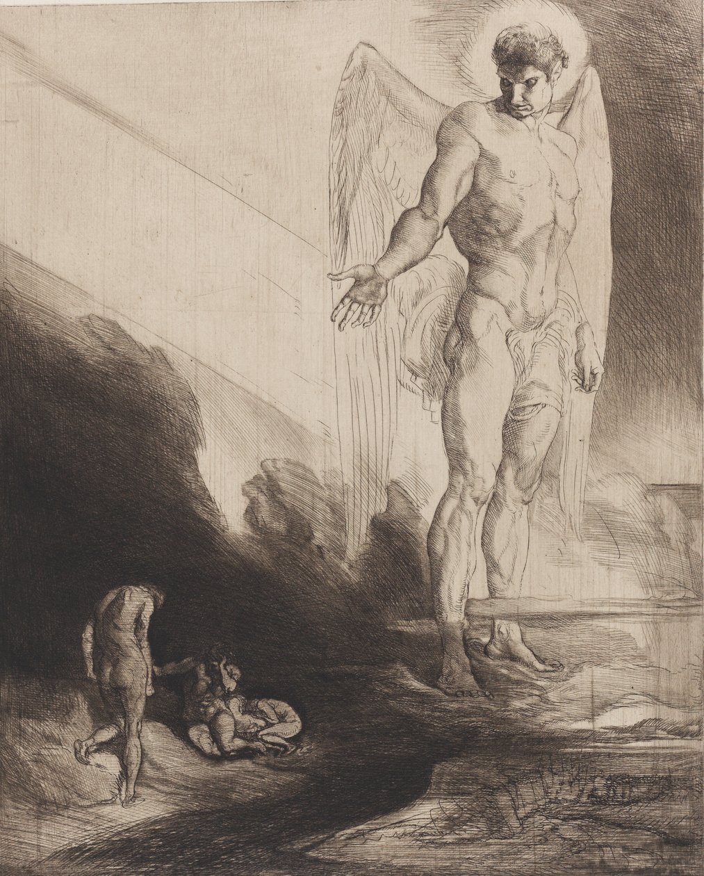 Lucifer opouští Kaina svému osudu, z Osmi leptů na Byronově Kainovi, 1919-1920. od Rudolf Jettmar