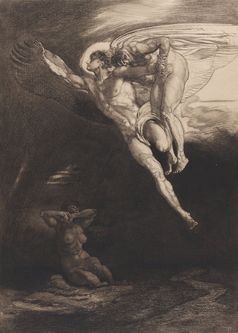 Lucifer nese Kaina nahoru do konečného prostoru, z Osmi leptů na Byronově Kainovi, ..., 1919-1920. od Rudolf Jettmar