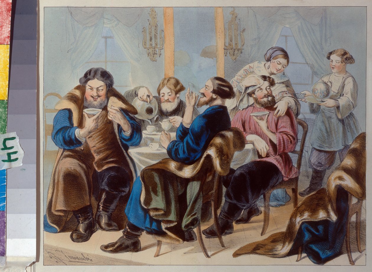 Čaj a cukr. Pití čaje v taverně par Zhukovsky, Rudolf Kasimirovič (1814-1886), první čtvrtina 19. stol. - Litografie, akvarel - Státní historické muzeum, Moskva od Rudolf Kasimirovich Zhukovsky