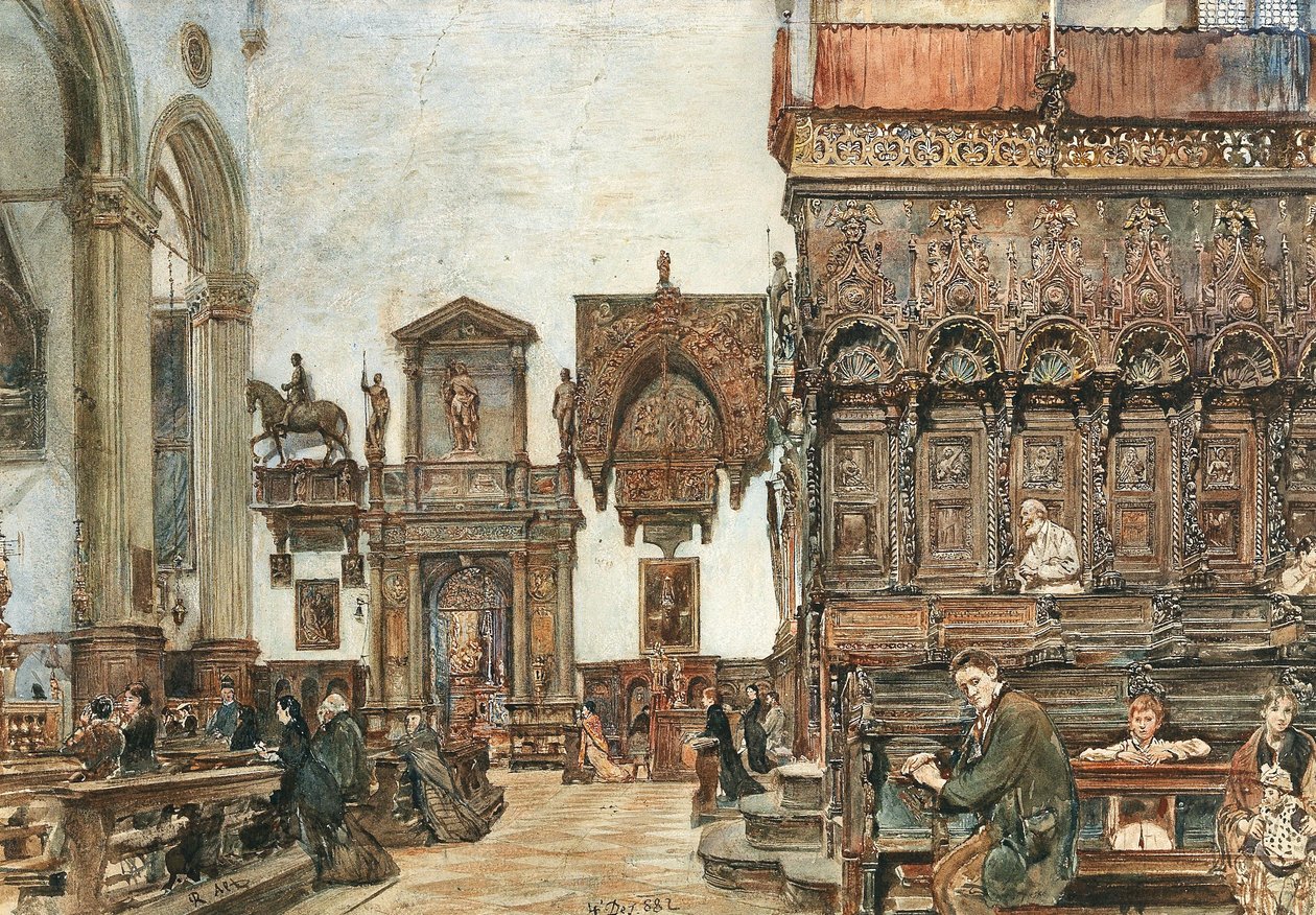 Interiér baziliky Santa Maria Gloriosa dei Frari v Benátkách s modlitbami v chórových lavicích od Rudolf von Alt