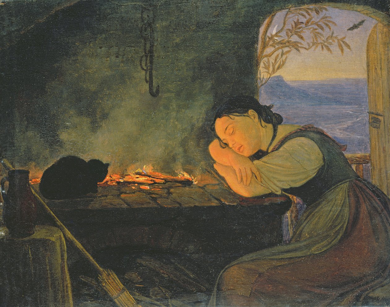 Dívka spící u ohně, 1843 od Rudolph Friedrich Wasmann