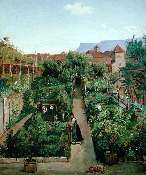 Květná zahrada Ottmannsgutes v Meranu, kolem roku 1840 (olej na papíře na kartonu) od Rudolph Friedrich Wasmann