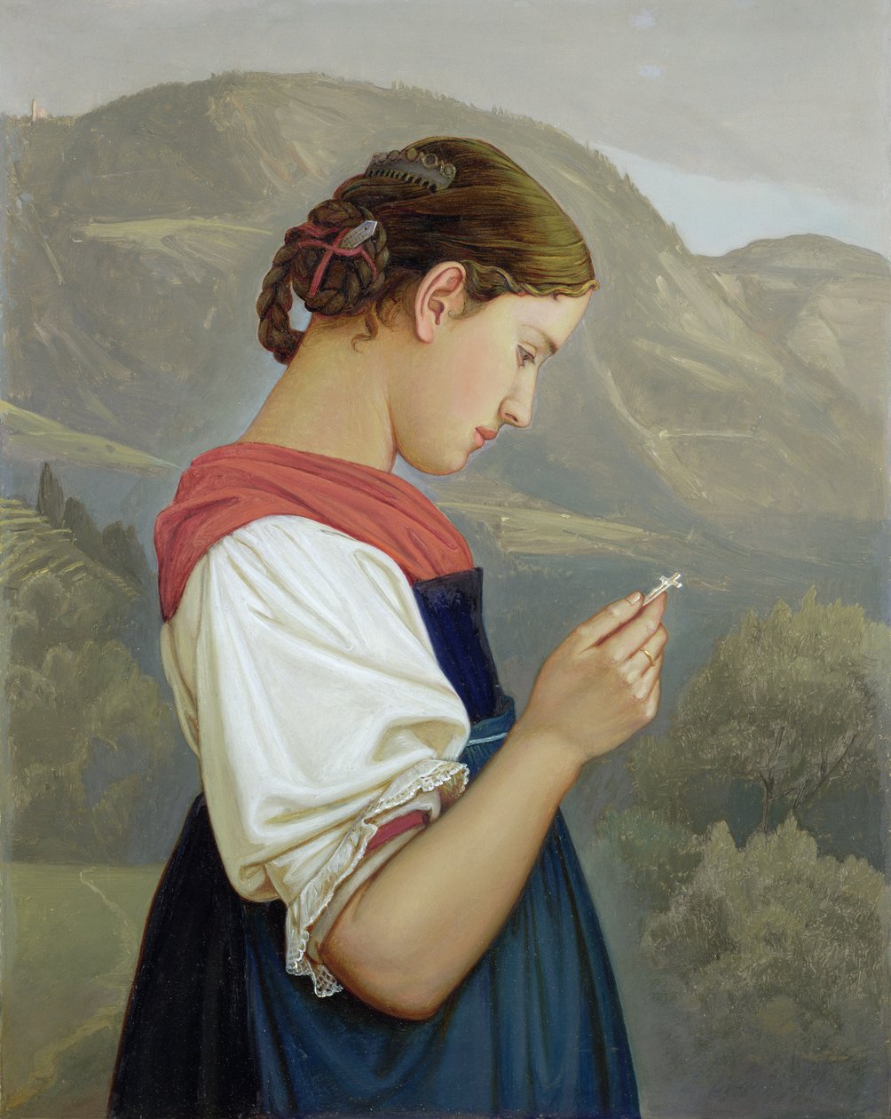 Tyrolská dívka uvažuje o krucifixu, 1865 (olej na papíře) od Rudolph Friedrich Wasmann