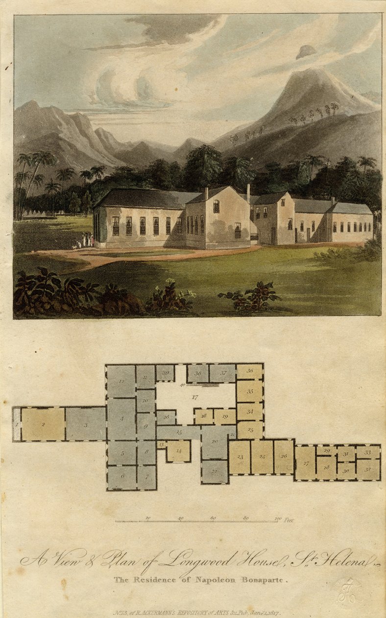 Pohled a plán Longwood House, Svatá Helena: Rezidence Napoleona Bonaparta, 1817 od Rudolph Ackermann