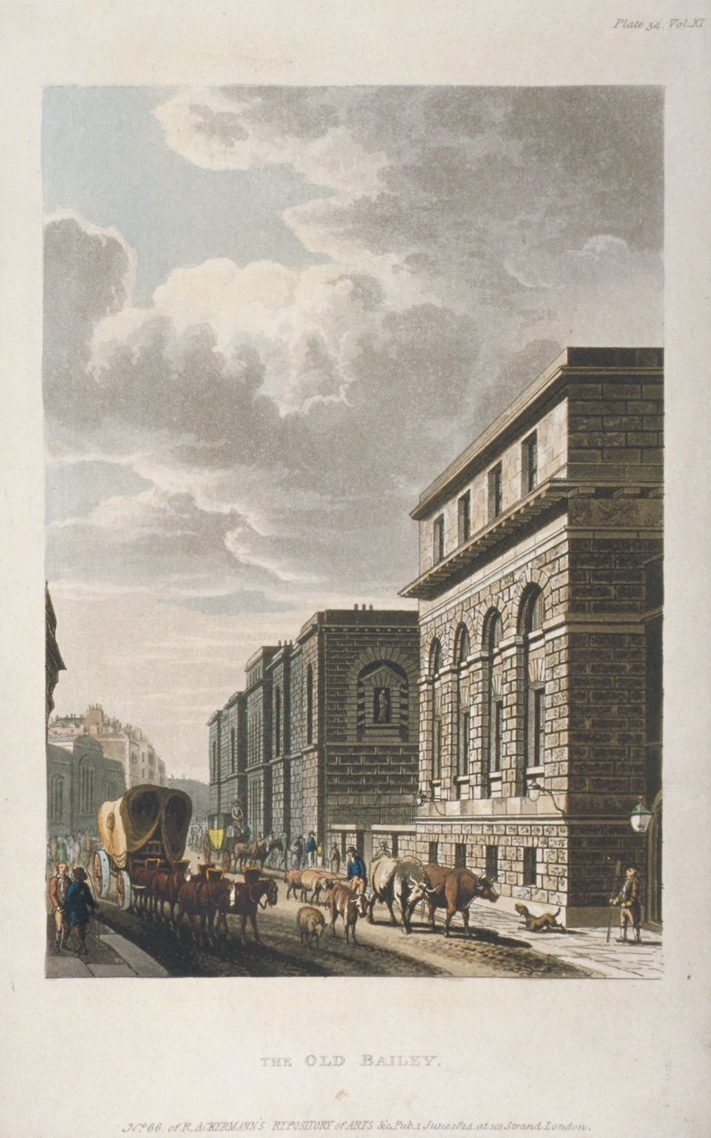 Pohled na Old Bailey, při pohledu na sever, City of London, 1814 od Rudolph Ackermann