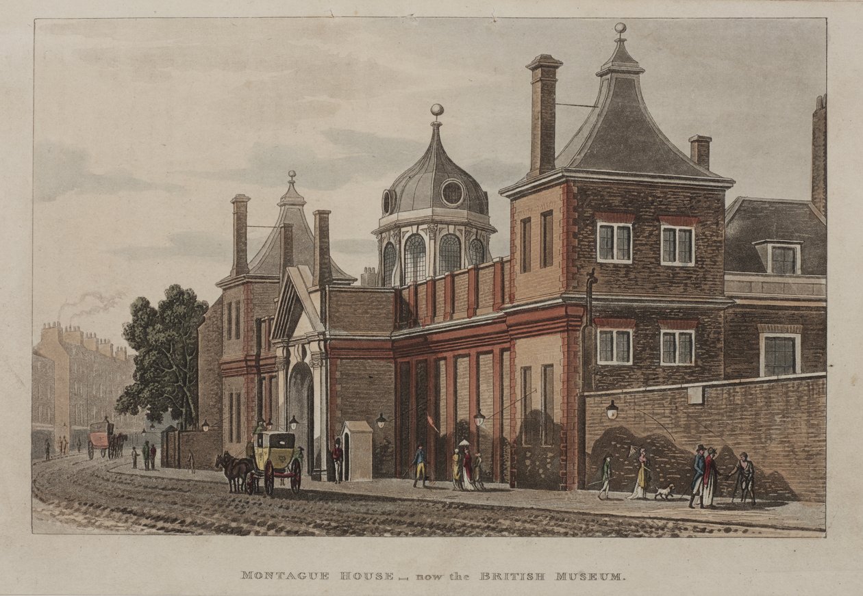 Pohled na Britské muzeum, Holborn s pouliční scénou, kolem roku 1810 od Rudolph Ackermann