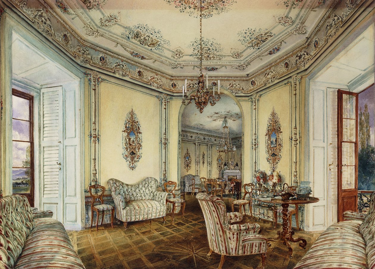 Vnitřní pohled na Salon zámku v Obertwaltersdorfu; Vnitřní pohled na salon na zámku Obertwaltersdorf, od Rudolf von Alt