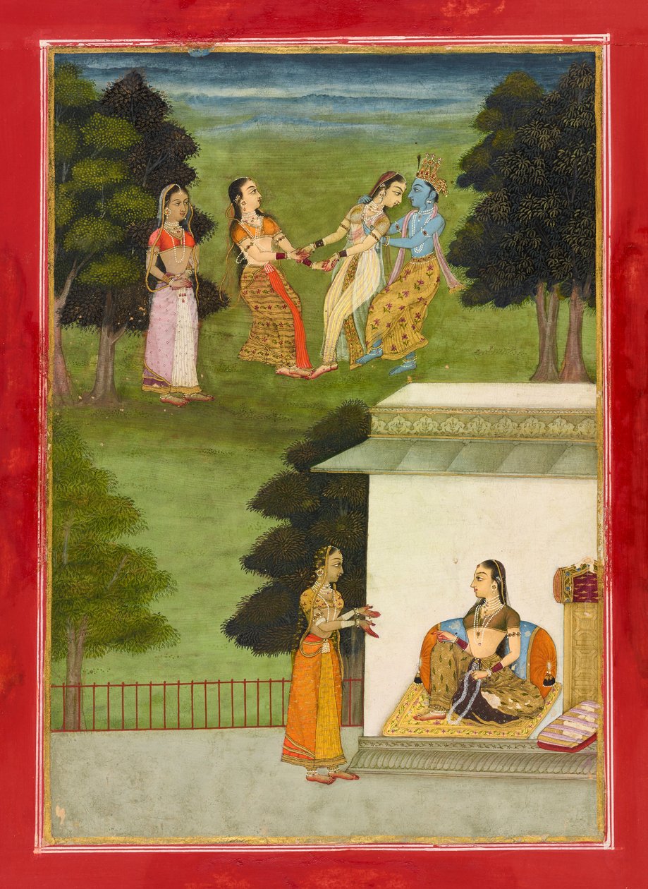 Krišna hraje s gopi, folio z Rasikpriya, datováno 1686 Samvat 1743. od Ruknuddin
