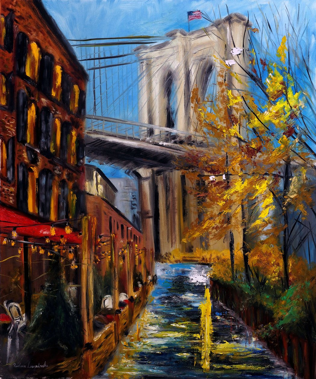 Podzim na Brooklynském mostě v DUMBO New York, 2021 (olej na plátně) od Ruslana Levandovska