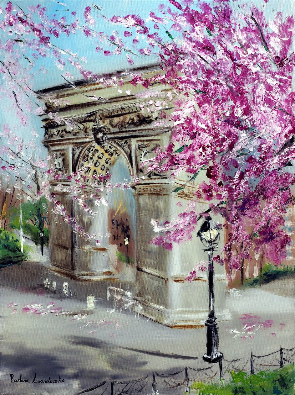 Cherry Blossoms at Washington Square Park New York, 2022 (olej na plátně) od Ruslana Levandovska