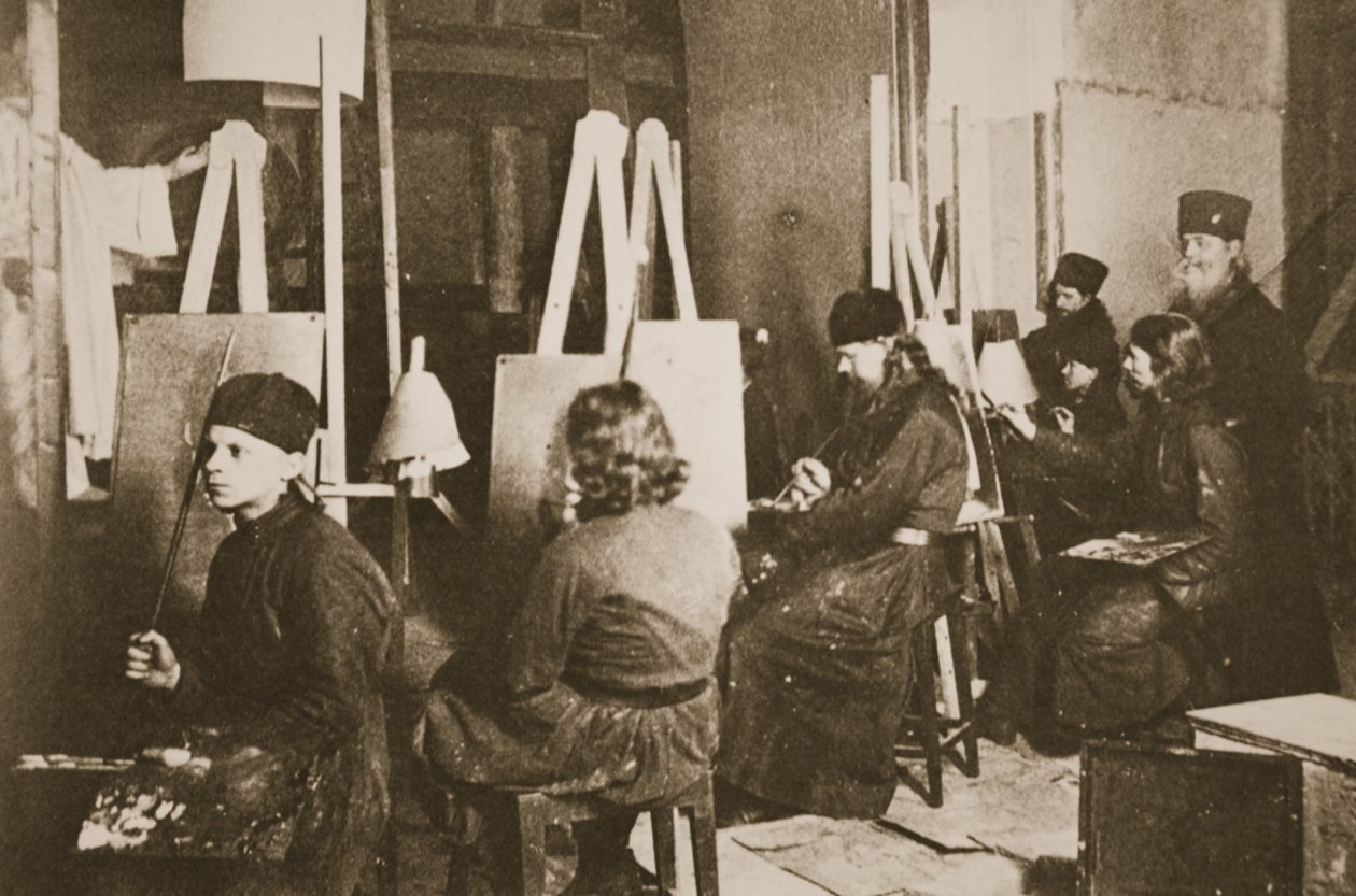 Ikona v klášteře Valamo u Ladožského jezera, asi 1885 (sépiové foto) od Russian Photographer