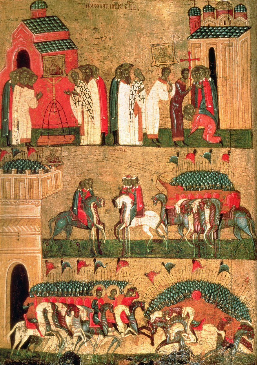 Bitva Novgorodů se Suzdalany, Novgorodská škola, polovina 15. století (tempera a zlato na panelu) od Russian School