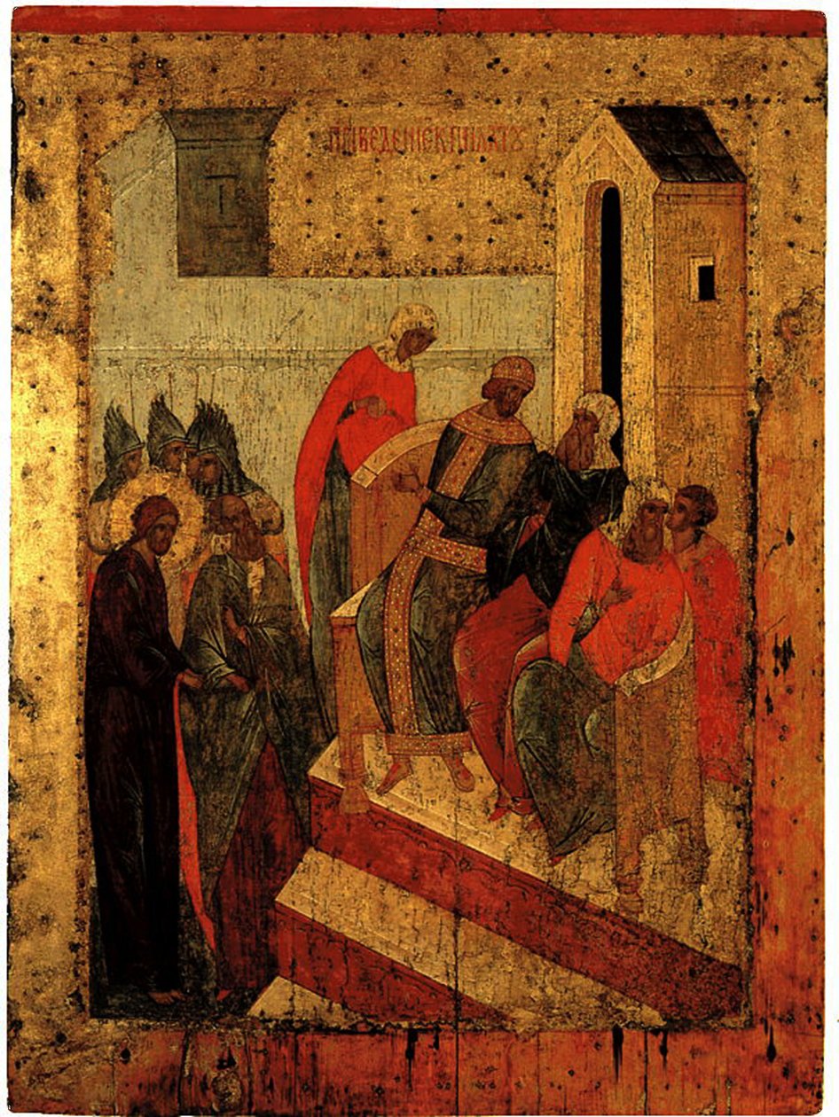 Kristus před Pilátem, kolem roku 1497 (tempera a zlatý list na desce) od Russian School