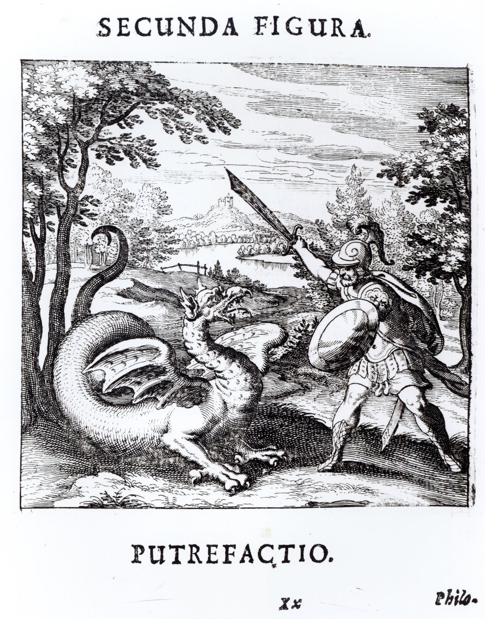 Rytíř porážející ‚Rot‘, který je ztělesněn drakem, z ‚Musaeum Hermeticum Reformatum‘ od Basila Valentina, 1678 od Russian School