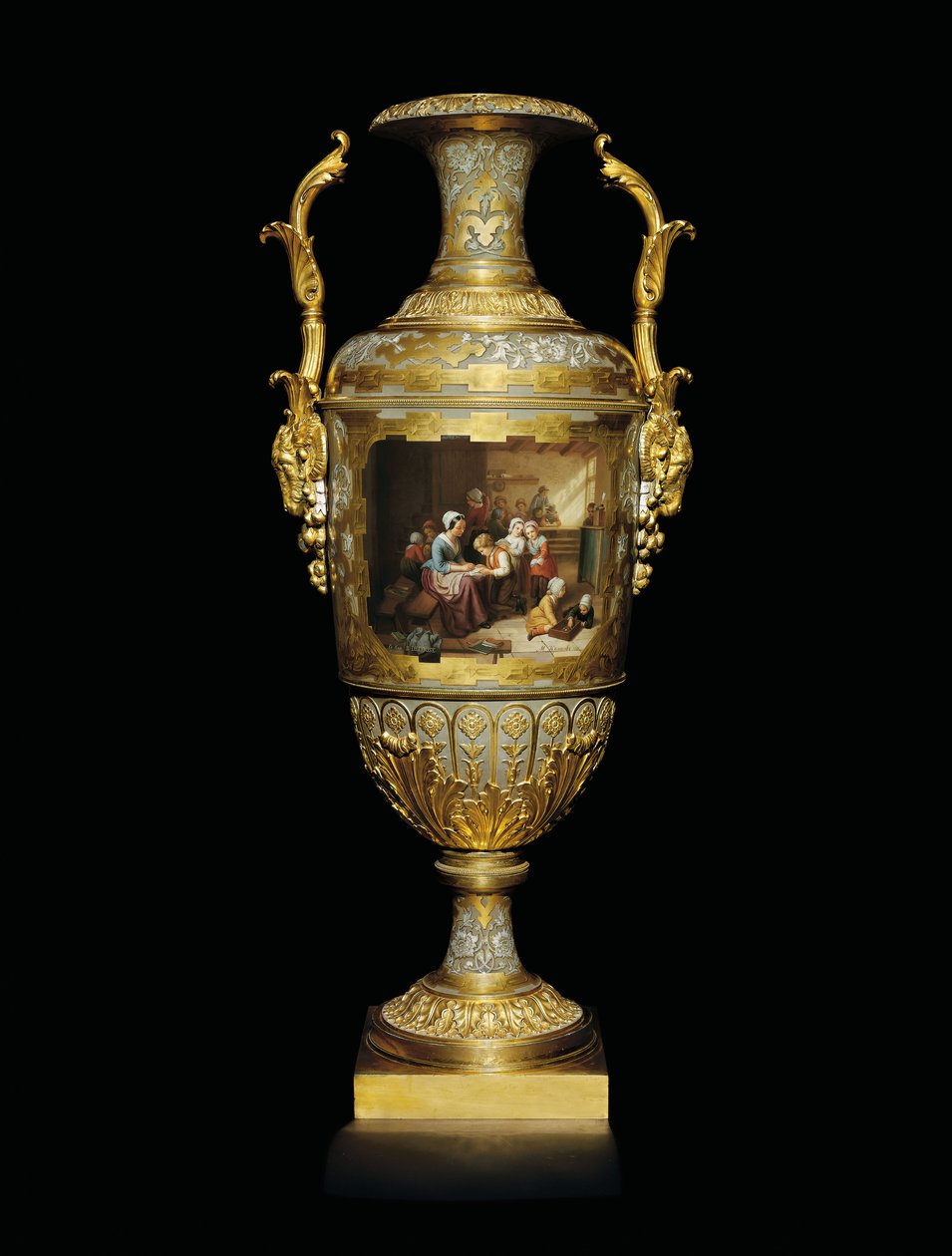 Porcelánová a zlatá váza se dvěma rukojeťmi Alexandra II., malovaná scénou školního pokoje po B, 1866 od Russian School