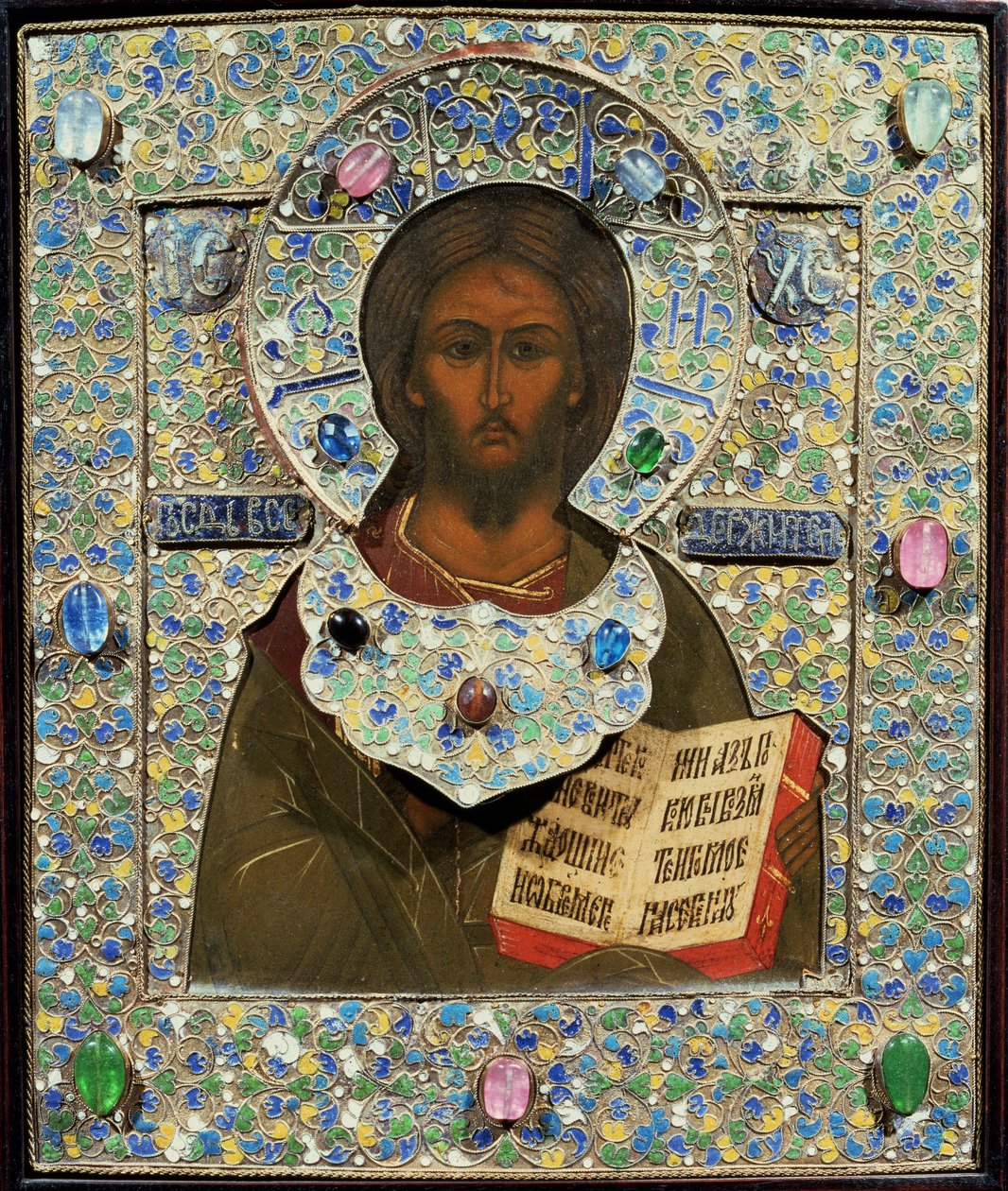 Kristus Pantokrator, ikona (tempera na desce se zlaceným a cloisonne smaltovaným rámem) od Russian School