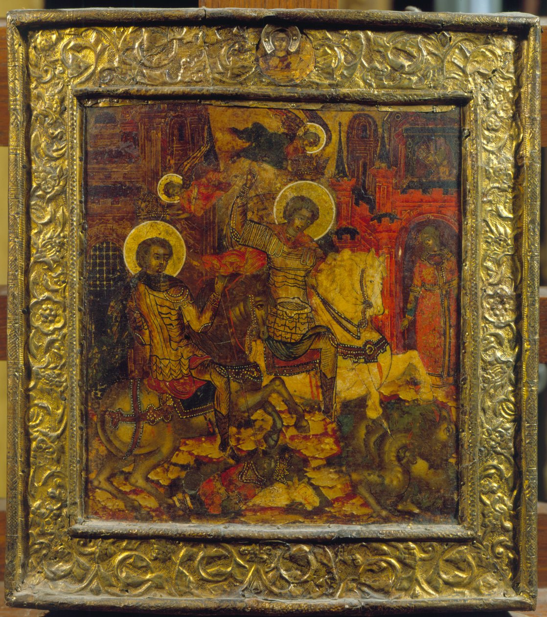 Ikona znázorňující sv. Jiří a sv. Demetrius, kolem roku 1676 (tempera na panelu) od Russian School