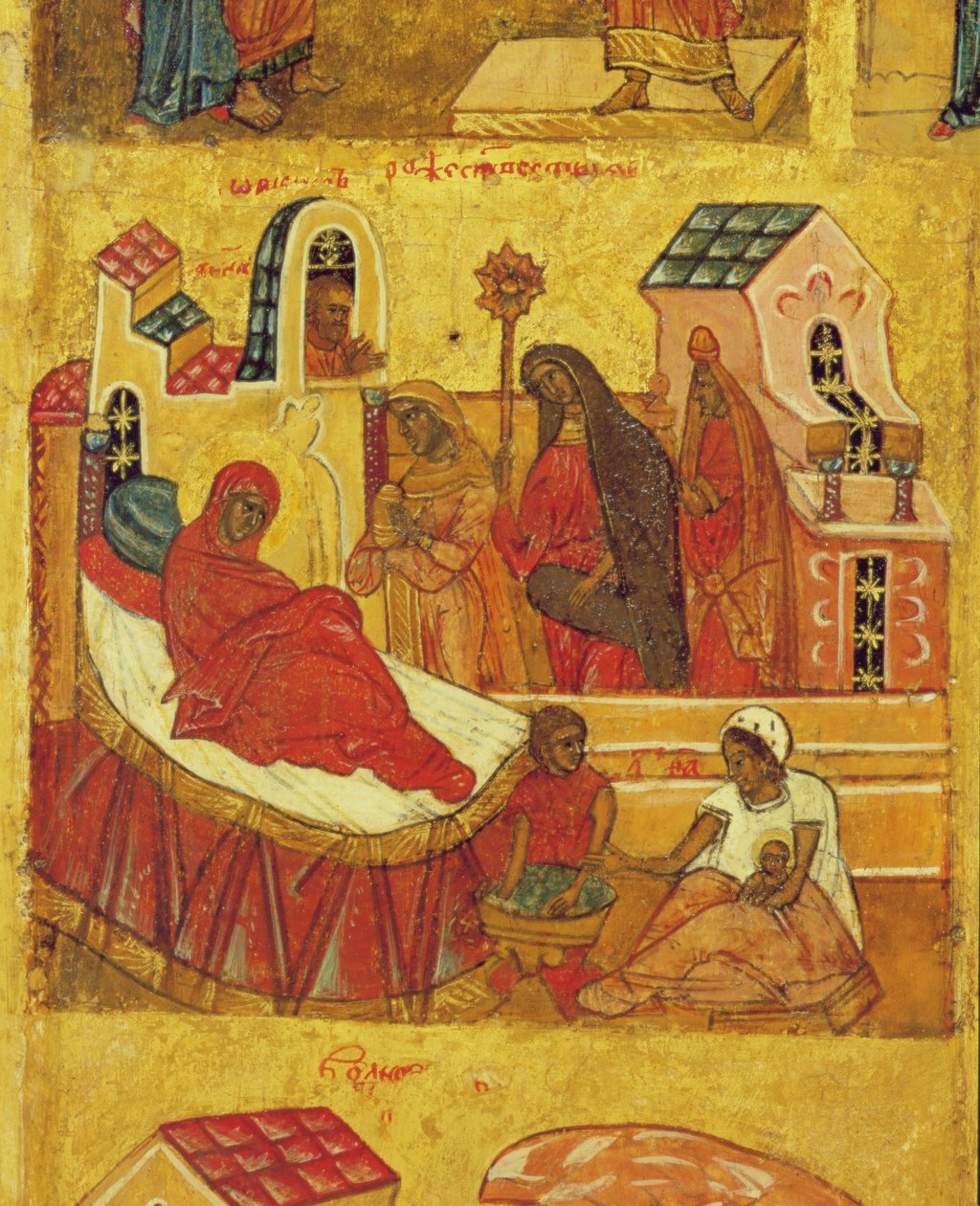 Ikona znázorňující Narození Panny Marie, cca 1550 (tempera a plátkové zlato na panelu) (detail 314500) od Russian School