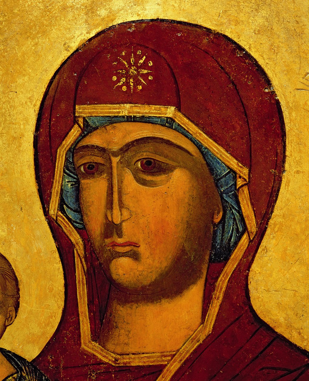 Ikona znázorňující hlavu Panny Marie, cca 1550 (tempera a plátkové zlato na panelu) (detail 314500) od Russian School