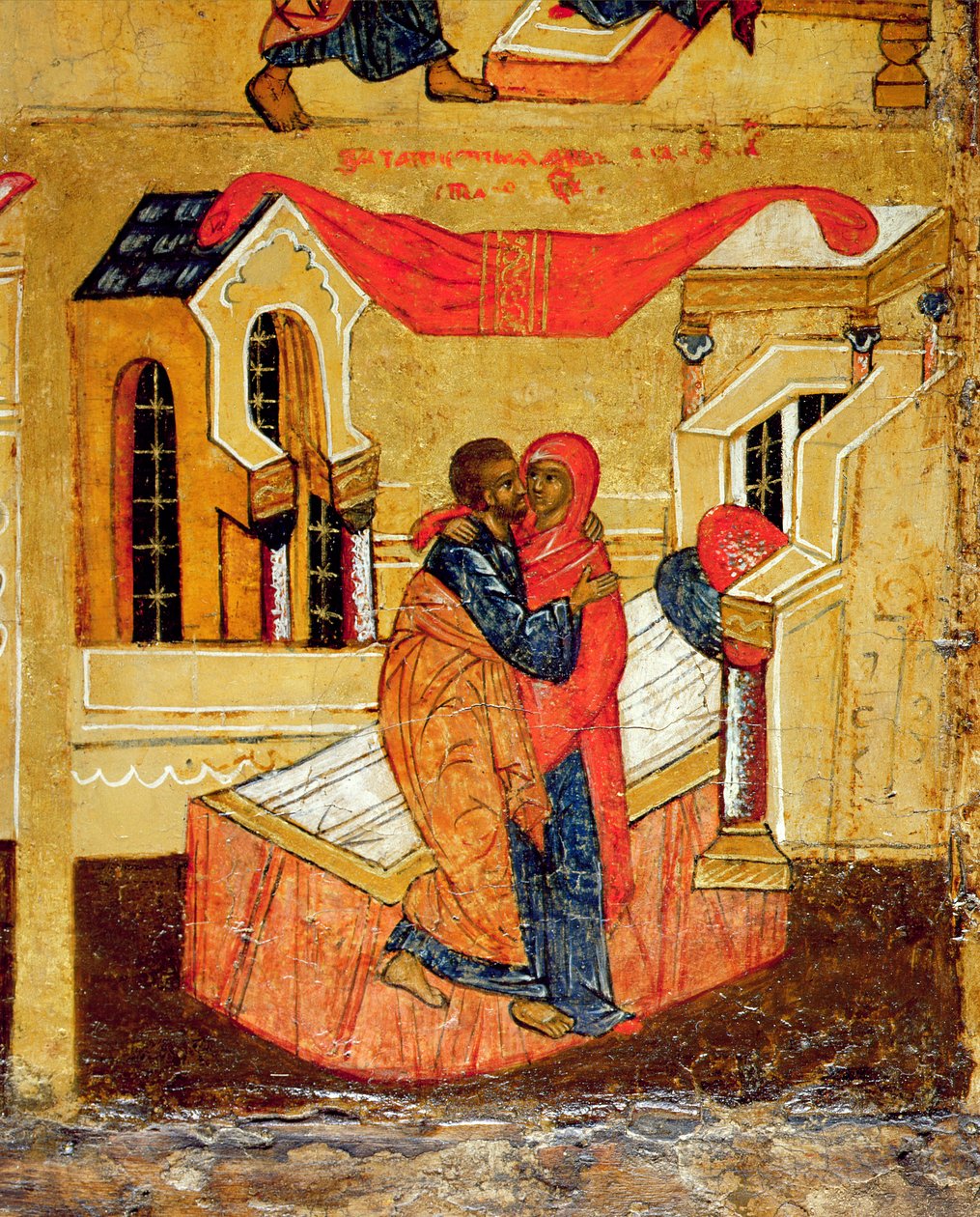Ikona znázorňující setkání u Zlaté brány, cca 1550 (tempera a plátkové zlato na panelu) (detail 314500) od Russian School