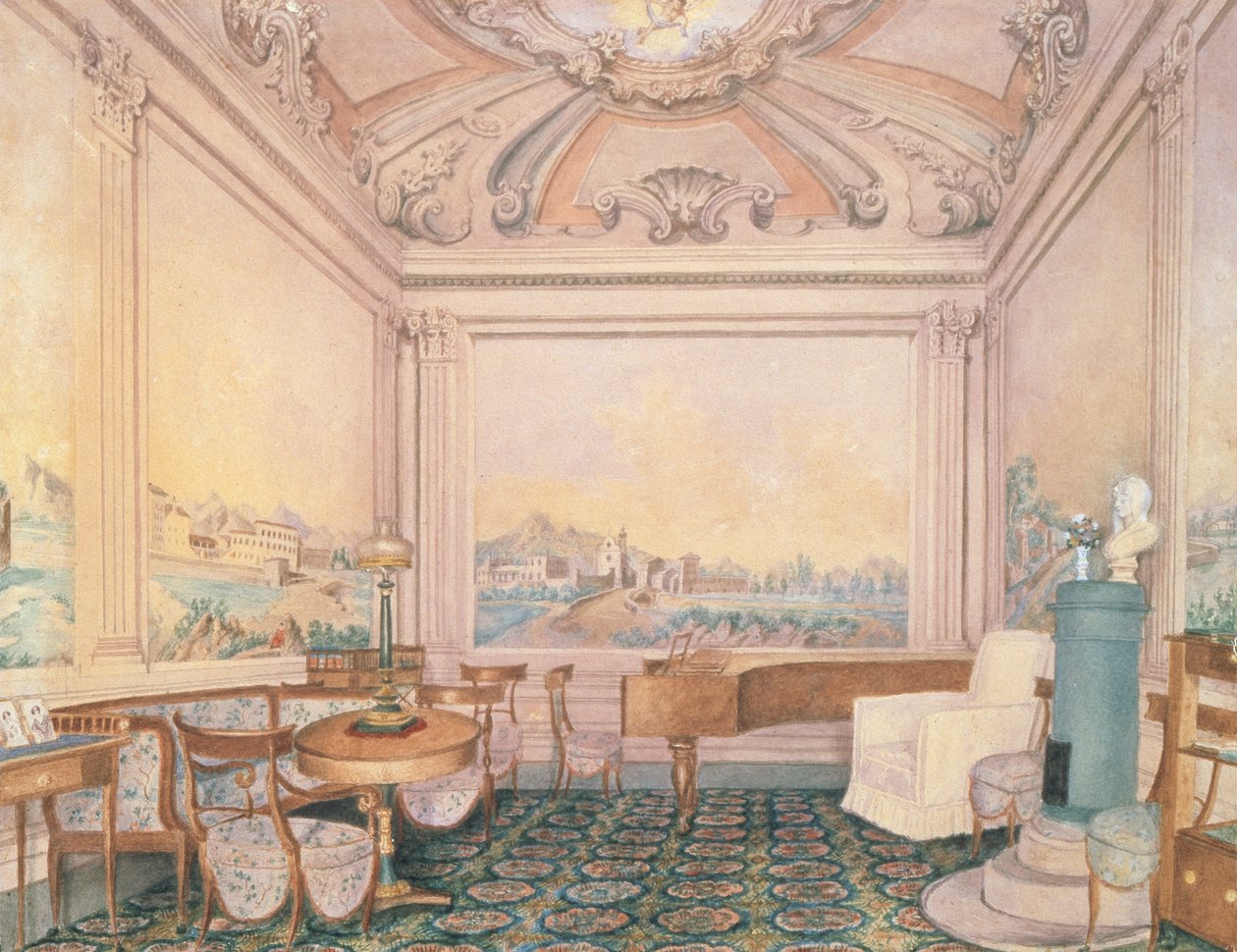 Interiér přijímací místnosti v panském domě, 1840-50s (wc na papíře) od Russian School