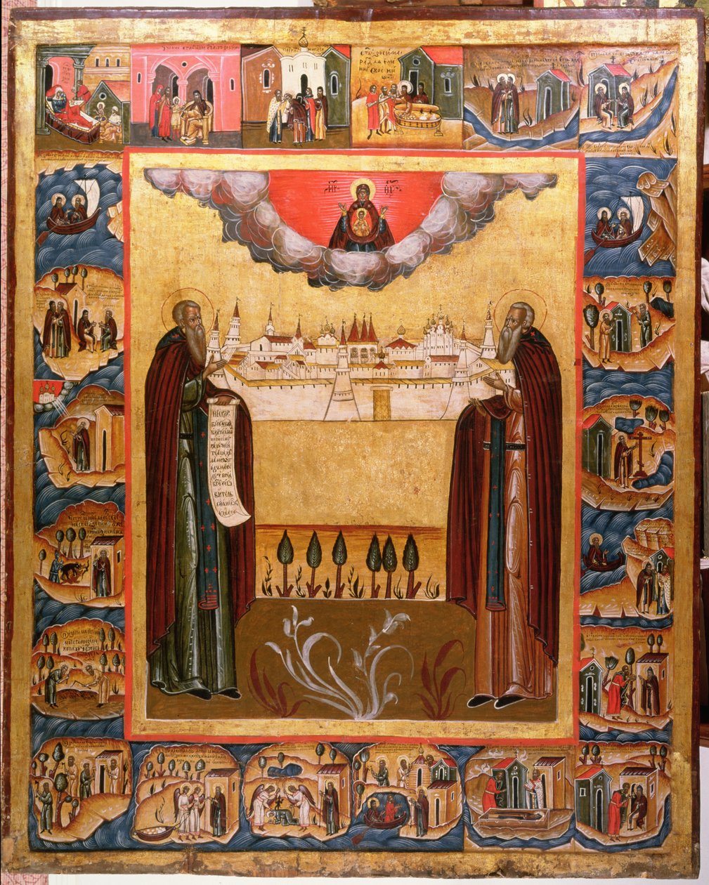 Svatí Zosimus a Sabbatheus ze Solovecku s výjevy z jejich života, 18. století (tempera na panelu) od Russian School