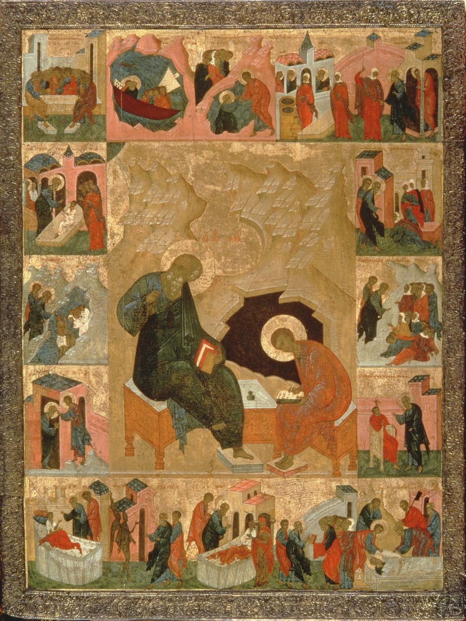 Sv. Jan Evangelista a jeho písař, cca 1500 (tempera na dřevě) od Russian School