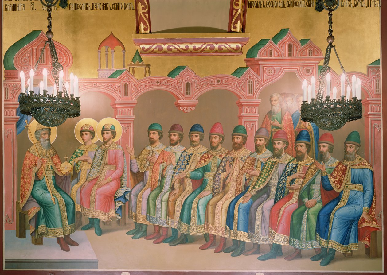 Sv. Vladimír, velkovévoda z Kyjeva a jeho synové, nástěnná malba od mistrů Palekh ve Fazetované komoře, 1882 (nástěnná malba) od Russian School