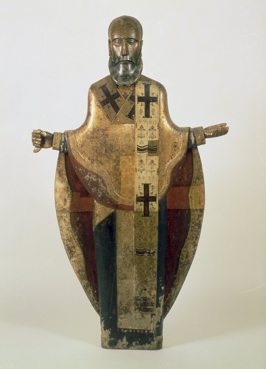Socha sv. Mikuláše Možajského, Rusko, konec 16. století (dřevo, zdobený brokát, gesso, tempera) od Russian School