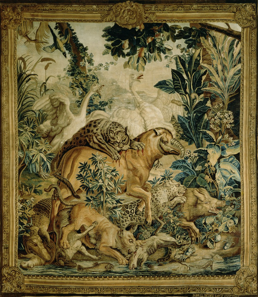 Tapiserie zobrazující divoká zvířata bojující u napajedla, kopie ze série Indian Carpet navržená D. Deportem, 1757 a vyrobená v St. Petersburg Tapestry Factory (textil) od Russian School