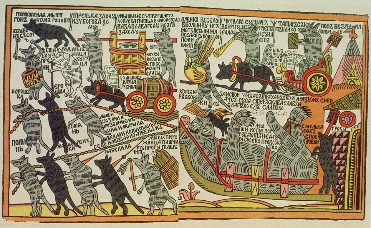 Myši pohřbívají kočku, rusky, konec 18. století (dřevořez) od Russian School