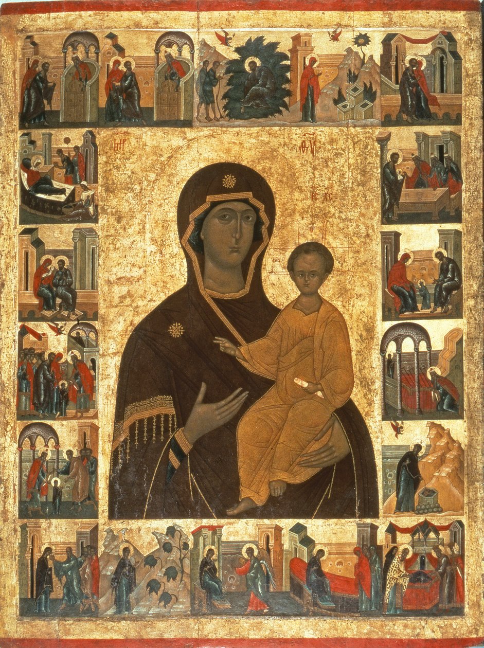 Ikona Panny Hodegetrie ze Smolenska, kolem 1450 (tempera na látce, gessu a dřevě) od Russian School