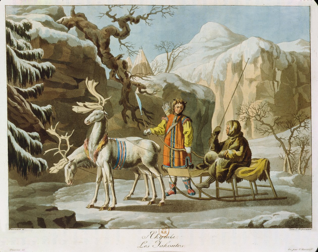 Jakutové ze střední Sibiře v zimní krajině, odění do kožešin a se sobími saněmi, vydáno 1813 (akvatinta) od Russian School