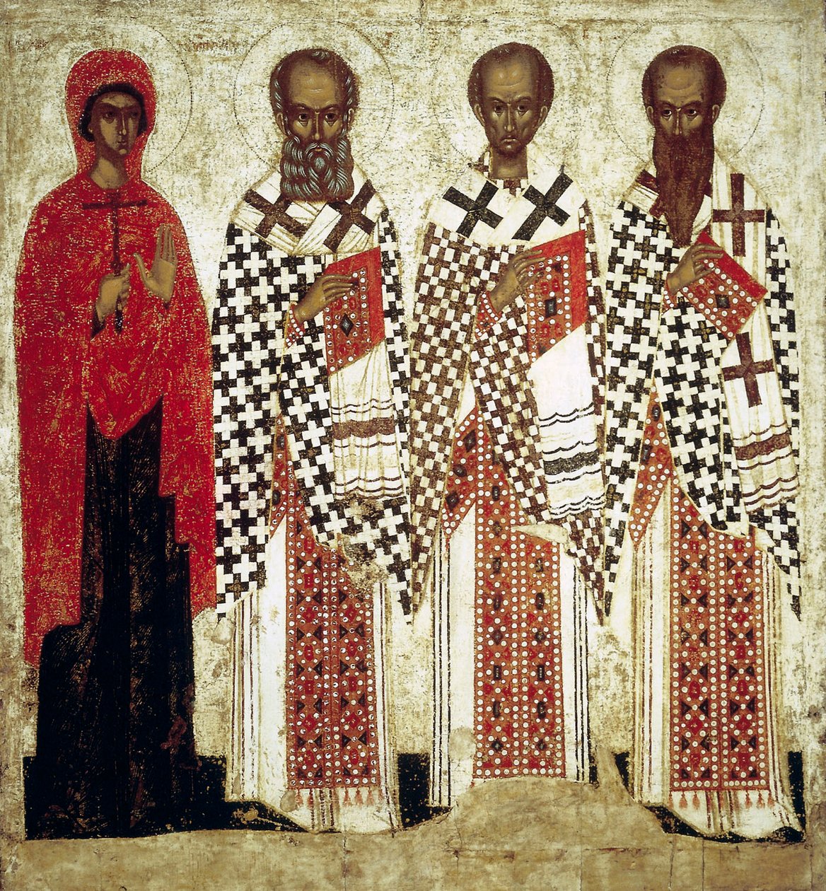 Paraskeva Pyatnitsa, Gregory theolog, John Zlatoústý a Basil Veliký, počátek 15. od Russian icon.