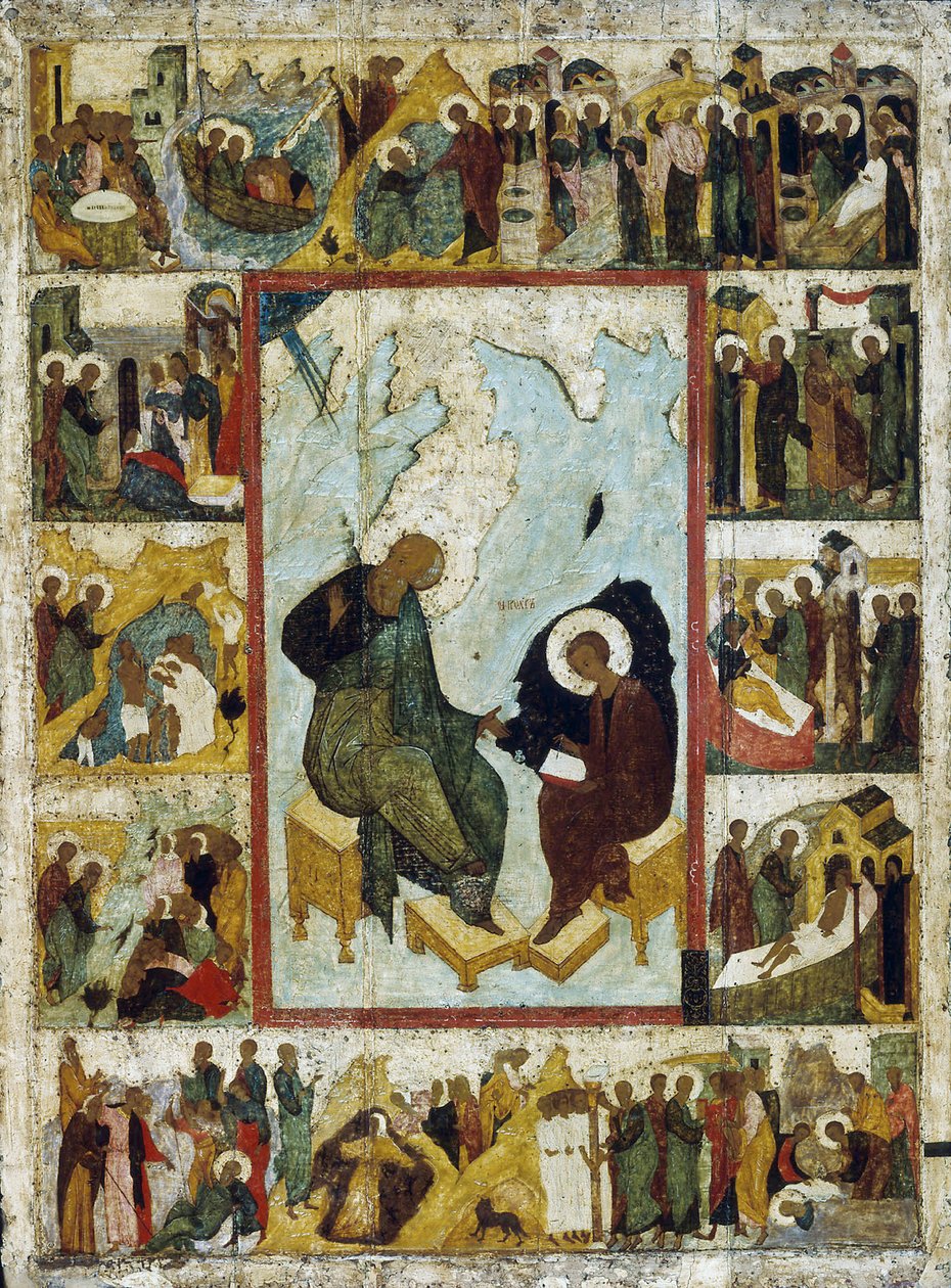 Svatý Jan Evangelista na Patmosu s výjevy z jeho života, počátek 16. století. od Russian icon.