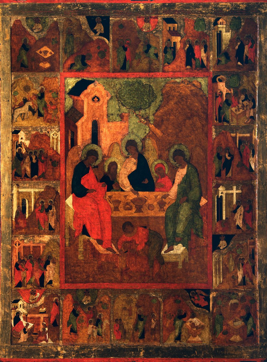 Pohostinství Abrahama Starozákonní Trojice, konec 16. století. od Russian icon.